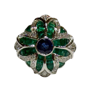 JR0298K - Blue Sapphire, Emerald, and Diamond Ring Set in 18K Gold Setting