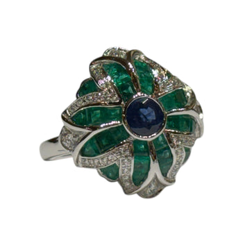 JR0298K - Blue Sapphire, Emerald, and Diamond Ring Set in 18K Gold Setting