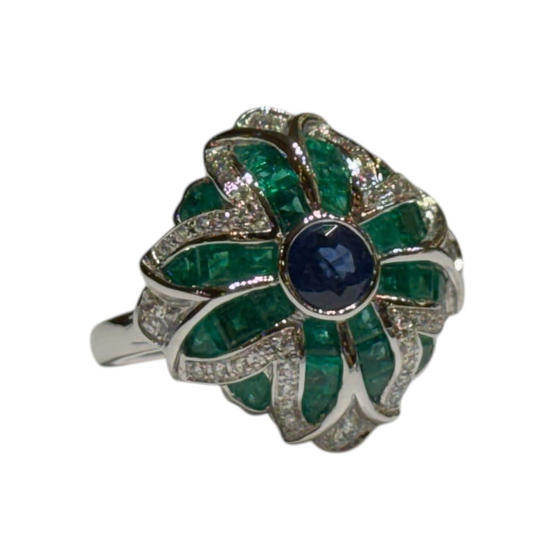 JR0298K - Blue Sapphire, Emerald, and Diamond Ring Set in 18K Gold Setting