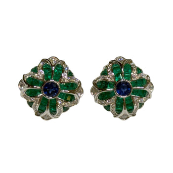 JE0194K - Blue Sapphire, Emerald, and Diamond Earrings Set in 18K Gold Setting