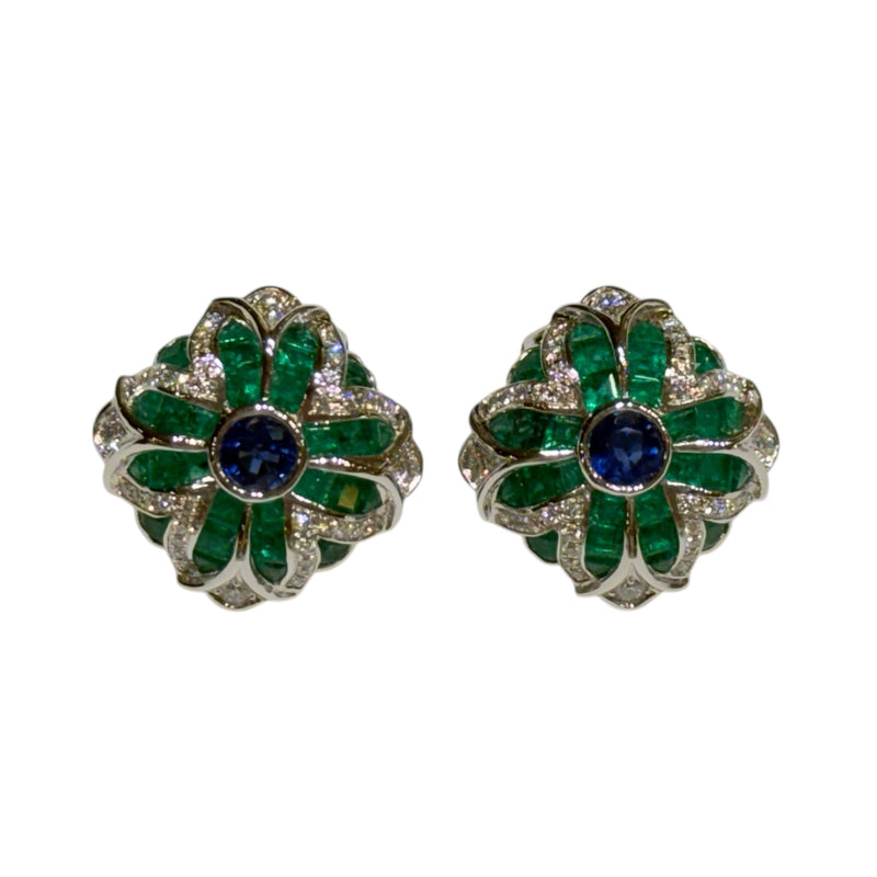 JE0194K - Blue Sapphire, Emerald, and Diamond Earrings Set in 18K Gold Setting