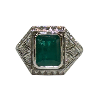 JR0299K - Emerald with Diamond Art Deco Ring Set in 18K White Gold Setting