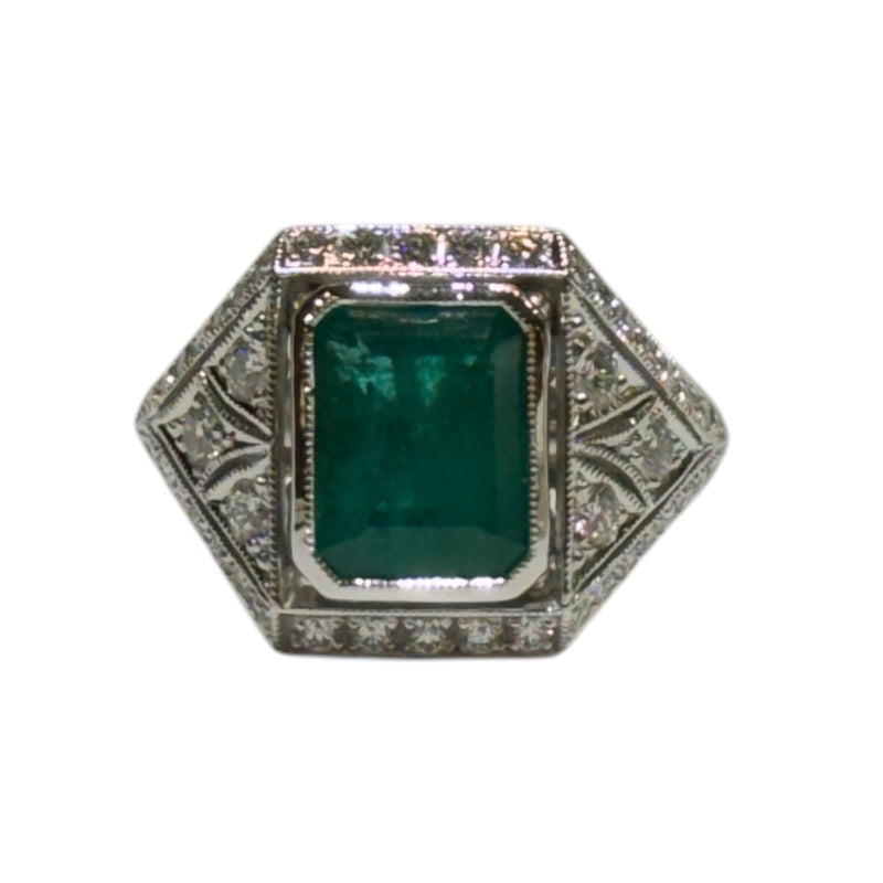 JR0299K - Emerald with Diamond Art Deco Ring Set in 18K White Gold Setting
