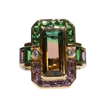 JR0305K - Bi-Color Tourmaline with Pink Sapphire, Tsavorite, and Diamond Ring Set in 18K Rose Gold Setting