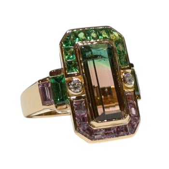 JR0305K - Bi-Color Tourmaline with Pink Sapphire, Tsavorite, and Diamond Ring Set in 18K Rose Gold Setting