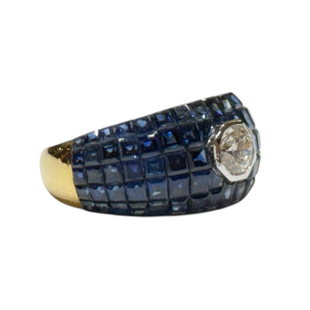 JR0309K - Diamond with Invisible Set Blue Sapphire Ring Set in 18K Gold Setting