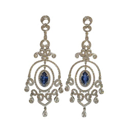 JE0195K - Blue Sapphire with Diamond Chandelier Earrings Set in 18K White Gold Setting
