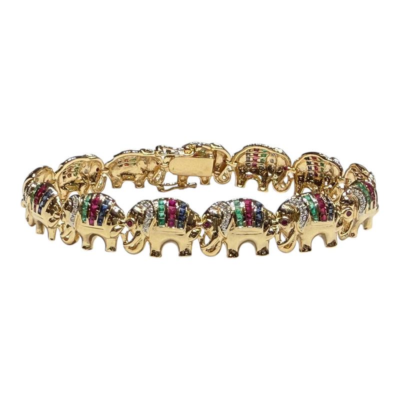 JB0075K - Ruby, Emerald, Blue Sapphire and Diamond Elephant Bracelet Set in 18K Gold Setting