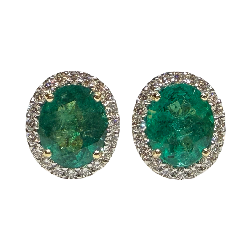 JE0221K - Emerald and Diamond Halo Earrings Set in 18K Gold Setting