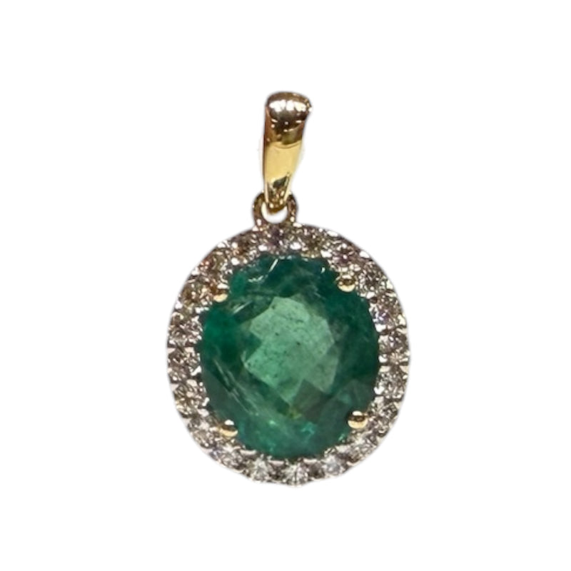 JP0073K - Emerald and Diamond Halo Pendant Set in 18K Gold Setting