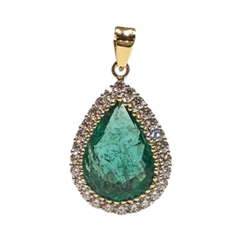 JP0074K - Emerald and Diamond Halo Pendant Set in 18K Gold Setting