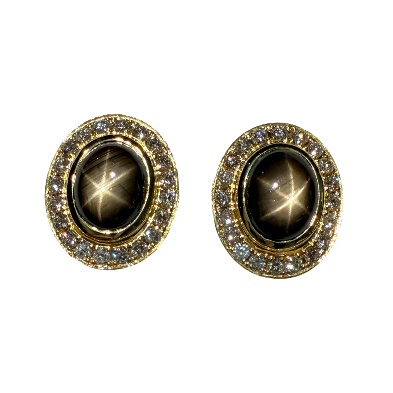 JE0520RK - Black Star Sapphire with Diamond Earrings Set in 18K Gold Setting