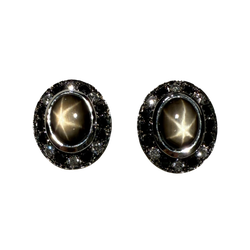 JE0032OK - Black Star Sapphire with Black & White Diamond Earrings Set in 18K White Gold Setting