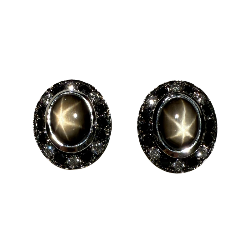 JE0032OK - Black Star Sapphire with Black & White Diamond Earrings Set in 18K White Gold Setting