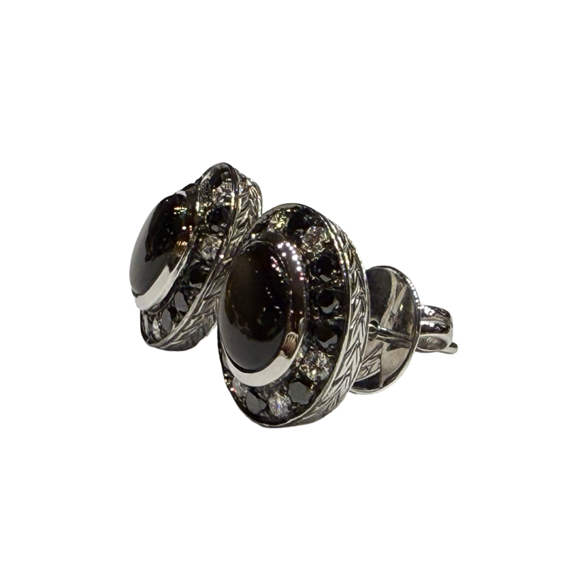 JE0032OK - Black Star Sapphire with Black & White Diamond Earrings Set in 18K White Gold Setting