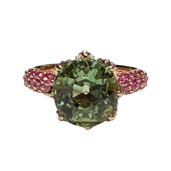 JR0313K - Mint Green Tourmaline with Ruby & Pink Sapphire Ring Set in 18K Rose Gold Setting