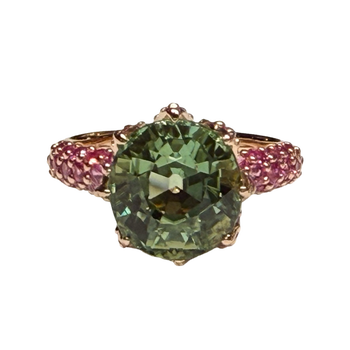 JR0313K - Mint Green Tourmaline with Ruby & Pink Sapphire Ring Set in 18K Rose Gold Setting