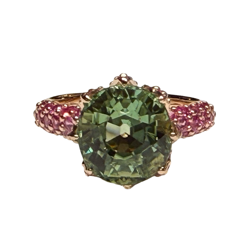 JR0313K - Mint Green Tourmaline with Ruby & Pink Sapphire Ring Set in 18K Rose Gold Setting