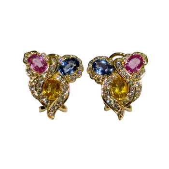 JE0223K - Blue, Pink, and Yellow Sapphire with Diamond Earrings Set in 18K Gold Setting