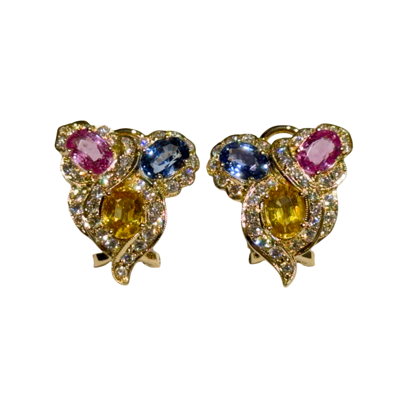 JE0223K - Blue, Pink, and Yellow Sapphire with Diamond Earrings Set in 18K Gold Setting