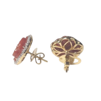 JE0202L - Carved Jade with Diamond Flower Earrings set in 18K Gold Setting