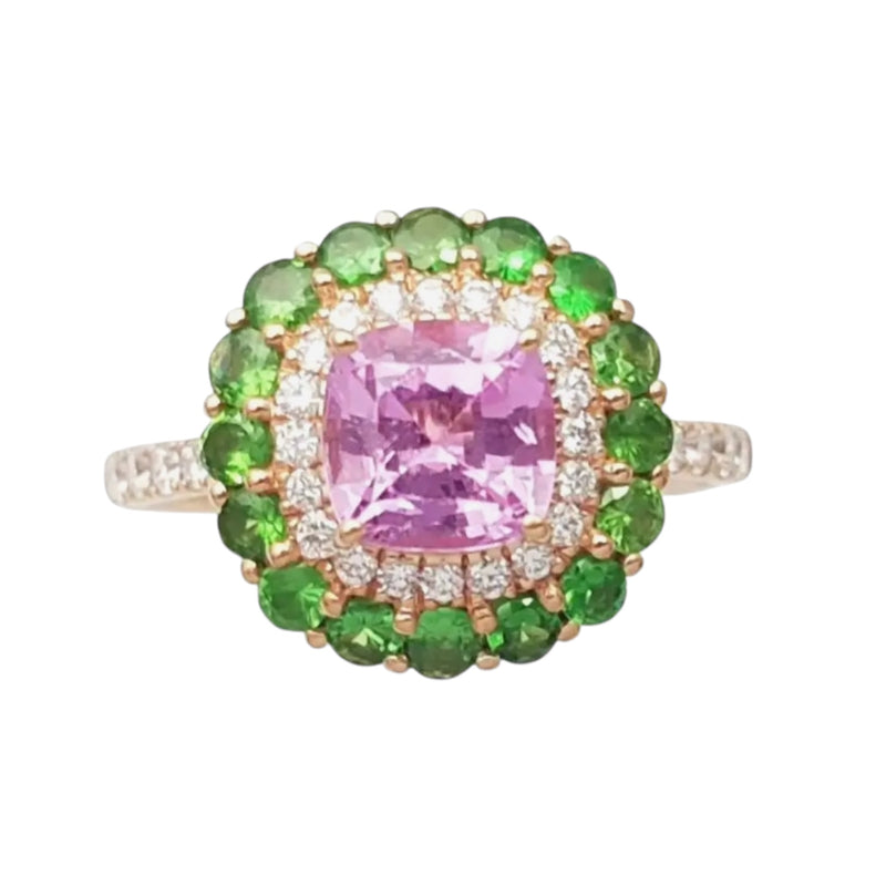 JR0228L - Pink Sapphire, Tsavorite and Diamond Ring set in 18K Rose Gold Setting