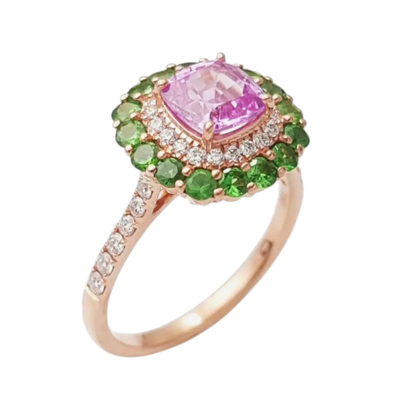 JR0228L - Pink Sapphire, Tsavorite and Diamond Ring set in 18K Rose Gold Setting