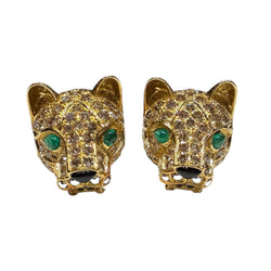 JE0210SK - Champagne & Black Diamond, Cabuchon Emerald, and Onyx Panther Earrings Set in 18K Gold Setting