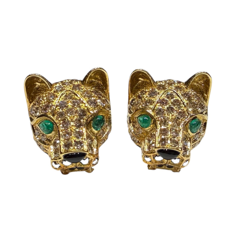 JE0210SK - Champagne & Black Diamond, Cabuchon Emerald, and Onyx Panther Earrings Set in 18K Gold Setting