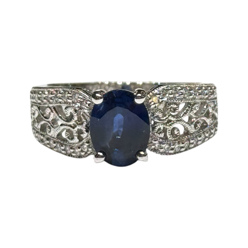 JR0985UK - Blue Sapphire with Diamond Ring Set in 18K White Gold Setting