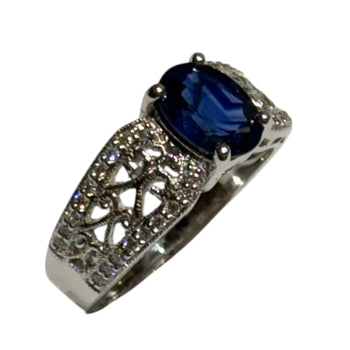 JR0985UK - Blue Sapphire with Diamond Ring Set in 18K White Gold Setting