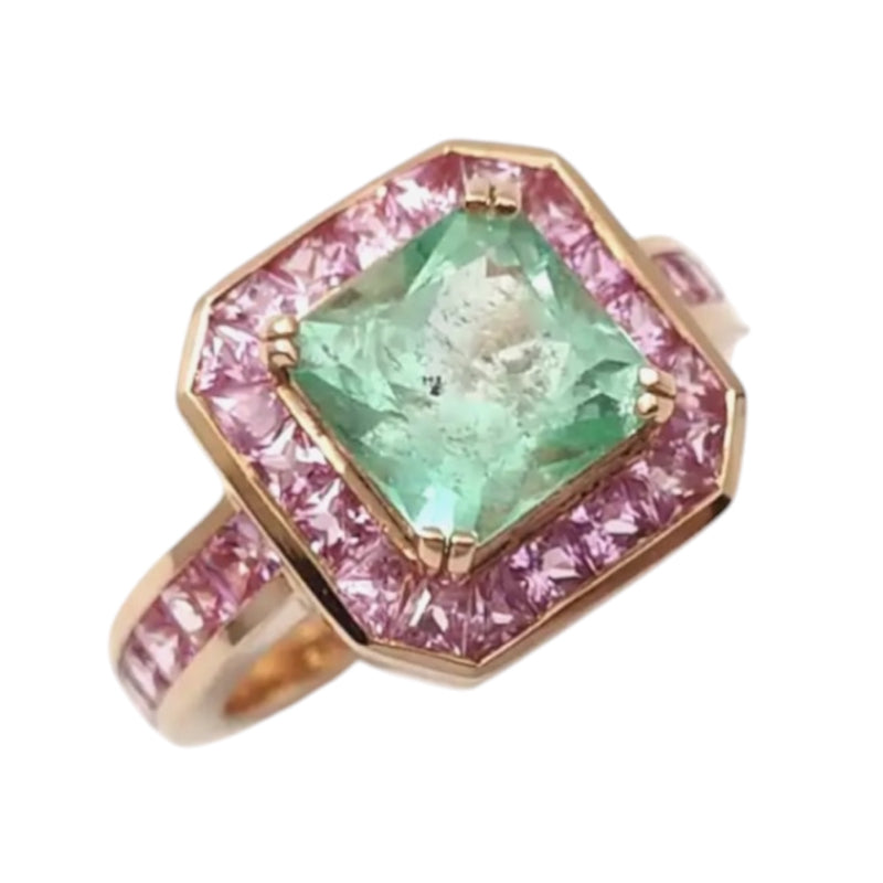 JR0244L - Emerald with Pink Sapphire Ring set in 18K Rose Gold Setting