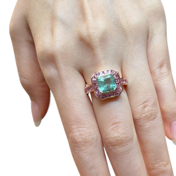JR0244L - Emerald with Pink Sapphire Ring set in 18K Rose Gold Setting