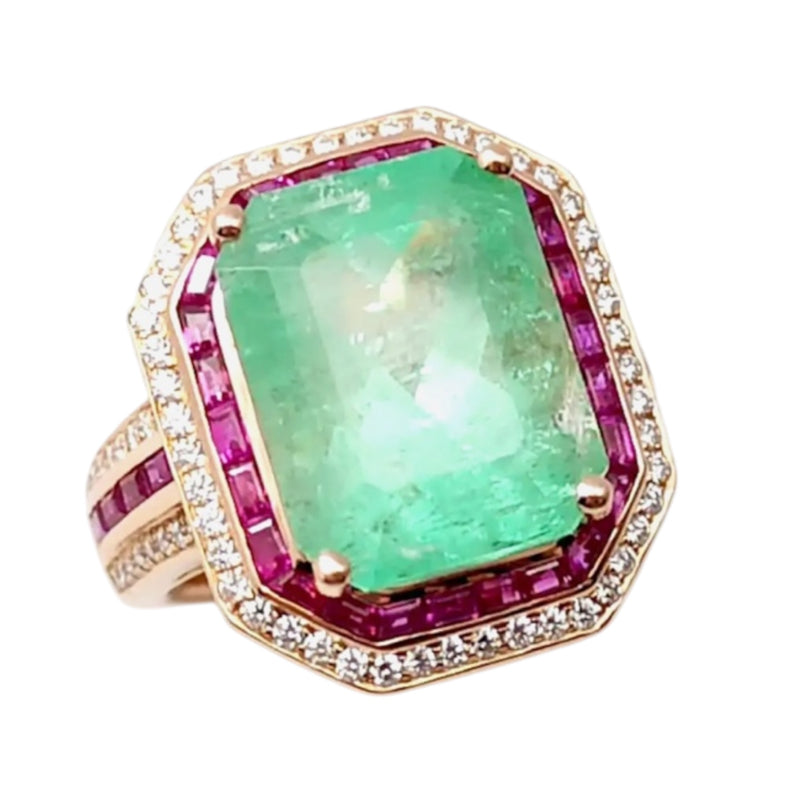 JR0036K - Colombian Emerald with Ruby and Diamond Ring set in 18k Gold Setting