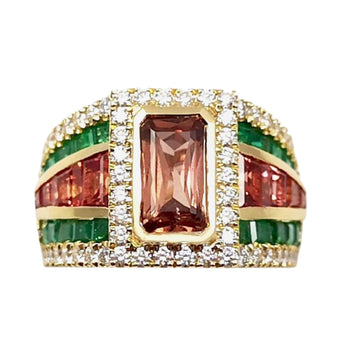 JR0089K - Pinkish-Orange Sapphire, Orange Sapphire, Emerald and Diamond Ring Set in 18K Gold Setting