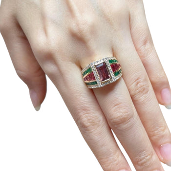 JR0089K - Pinkish-Orange Sapphire, Orange Sapphire, Emerald and Diamond Ring Set in 18K Gold Setting
