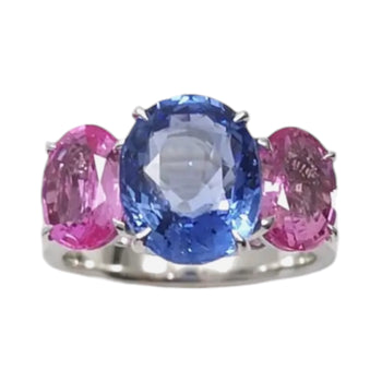 JR0378L - Blue and Pink Sapphire Trilogy Ring set in 18K White Gold Setting