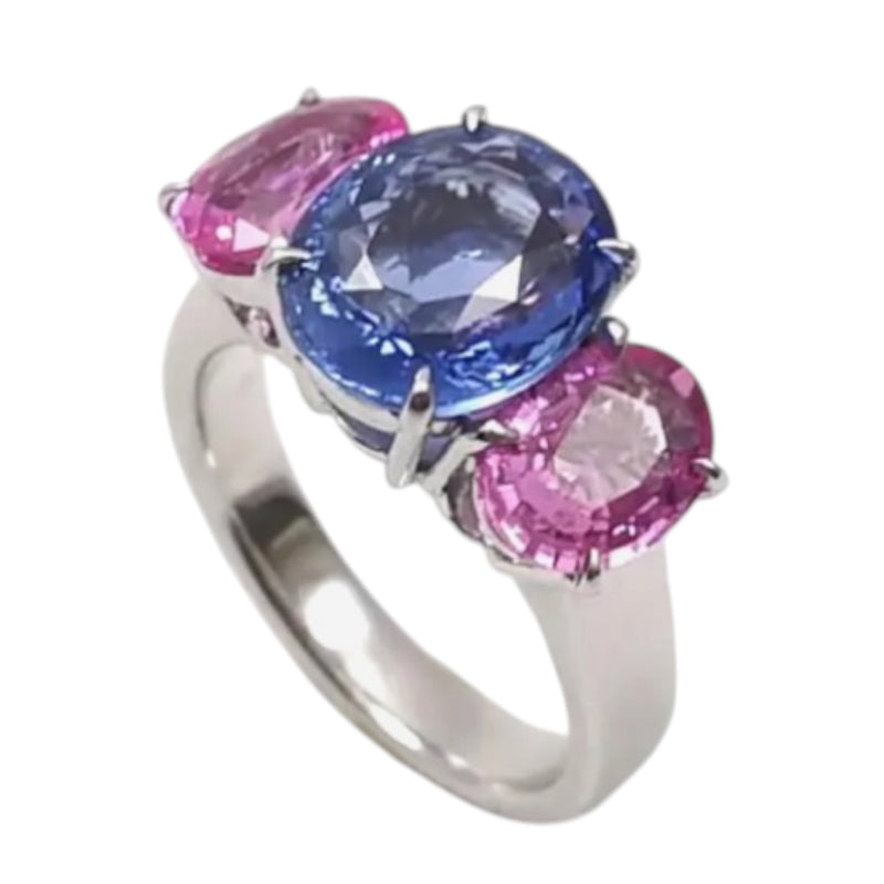 JR0378L - Blue and Pink Sapphire Trilogy Ring set in 18K White Gold Setting
