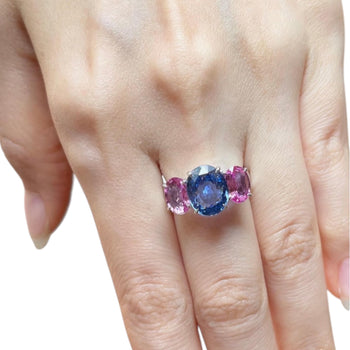 JR0378L - Blue and Pink Sapphire Trilogy Ring set in 18K White Gold Setting