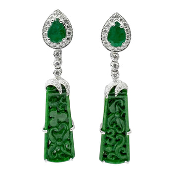 JE0437M - Carved Jade, Emerald and Diamond Earrings set in 18K White Gold Setting