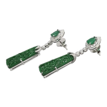 JE0437M - Carved Jade, Emerald and Diamond Earrings set in 18K White Gold Setting