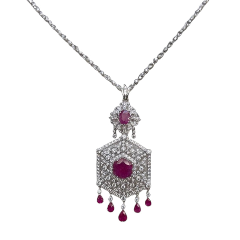 JN0051PJP0144L - Ruby and Diamond Pendant Necklace Set in 18K White Gold Setting