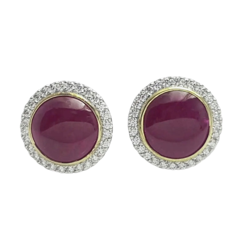 JE0365M - Cabochon Ruby with Diamond Earrings set in 18K White Gold Setting