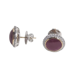 JE0365M - Cabochon Ruby with Diamond Earrings set in 18K White Gold Setting