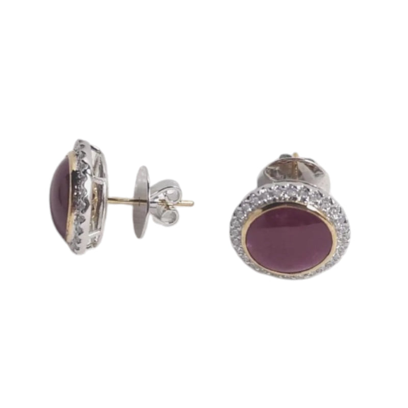 JE0365M - Cabochon Ruby with Diamond Earrings set in 18K White Gold Setting