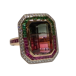 JR0321K - Watermelon Tourmaline, Pink Sapphire, Tsavorite and Diamond Ring Set in 18K Rose Gold Setting
