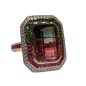 JR0321K - Watermelon Tourmaline, Pink Sapphire, Tsavorite and Diamond Ring Set in 18K Rose Gold Setting
