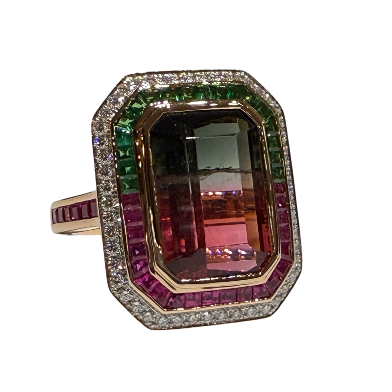 JR0321K - Watermelon Tourmaline, Pink Sapphire, Tsavorite and Diamond Ring Set in 18K Rose Gold Setting