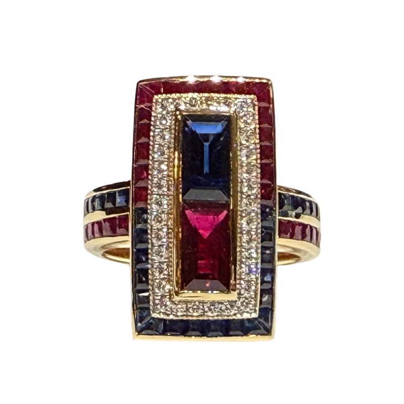 JR0322K - Blue Sapphire, Ruby, and Diamond Ring Set in 18K Gold Setting