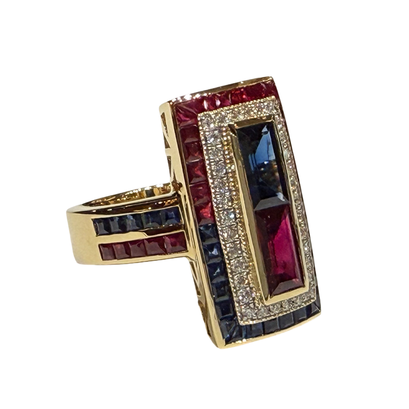 JR0322K - Blue Sapphire, Ruby, and Diamond Ring Set in 18K Gold Setting
